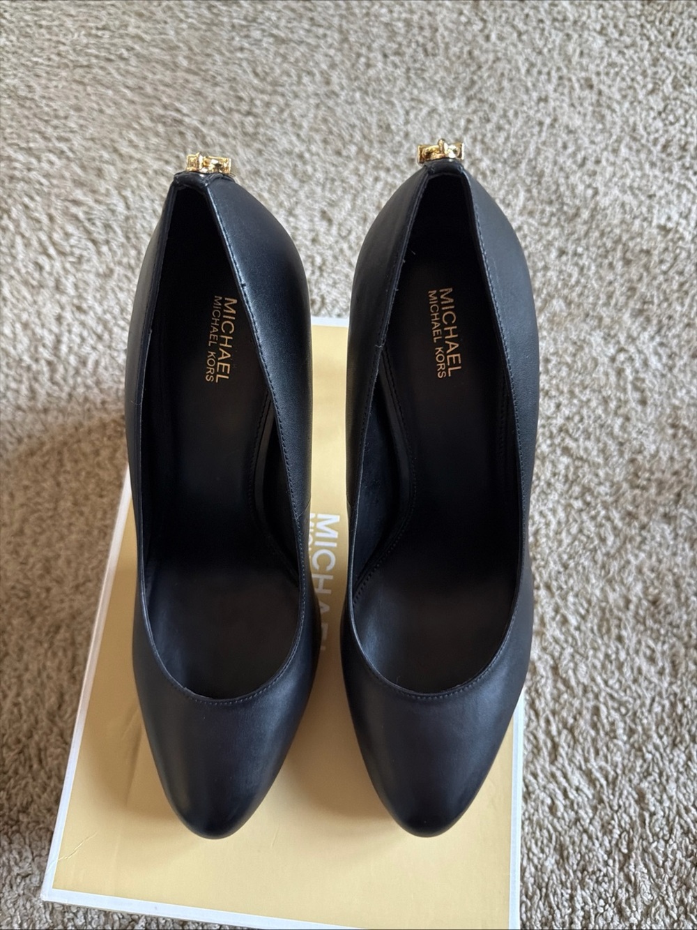 Michael Kors Black Leather Pointed-Toe Heels with Gold Accent